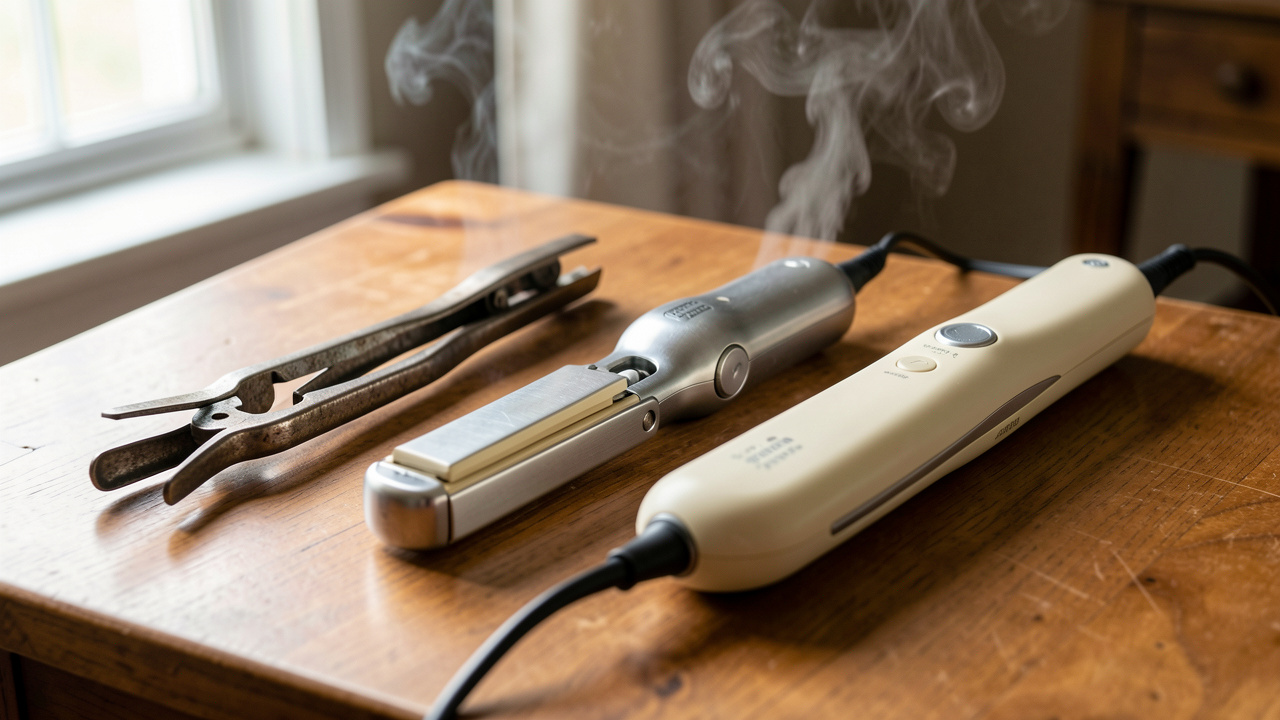 Évolution historique des outils de lissage, avec d’anciennes pinces chauffantes, un premier lisseur électrique et un lisseur vapeur moderne disposés côte à côte.