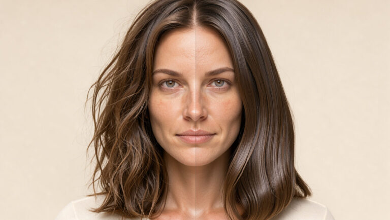 Portrait comparatif d’une femme montrant des cheveux ondulés et frisottés avant un lissage vapeur, puis lisses, brillants et disciplinés après le soin.