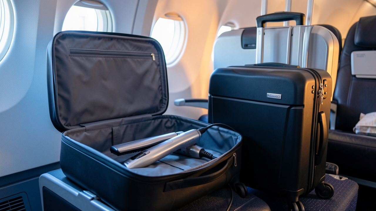 Lisseur vapeur posé entre une petite valise cabine et une grande valise destinée à la soute, dans un intérieur d’avion.