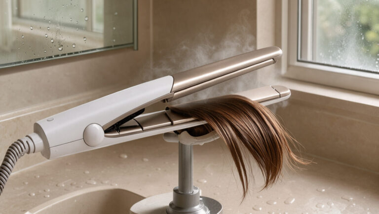 Lisseur vapeur blanc et champagne coiffant une mèche de cheveux bruns dans une salle de bain estivale et humide, avec une légère vapeur visible.