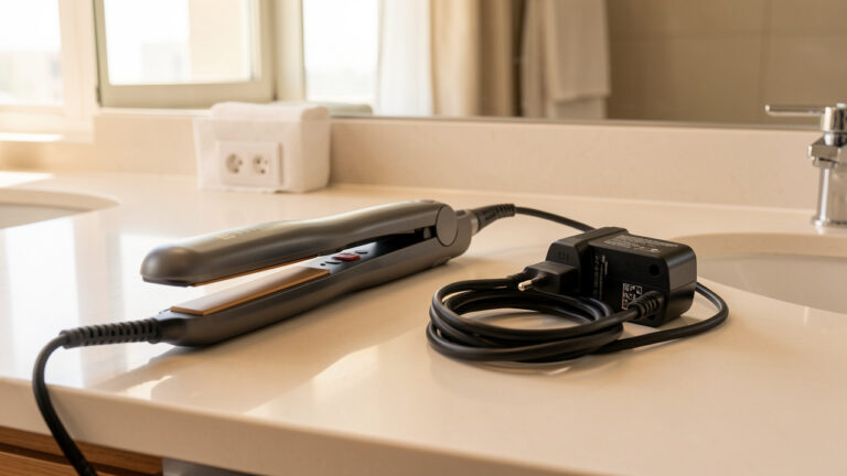 Lisseur vapeur posé dans une salle de bain d’hôtel avec un adaptateur électrique universel et son câble soigneusement rangé.