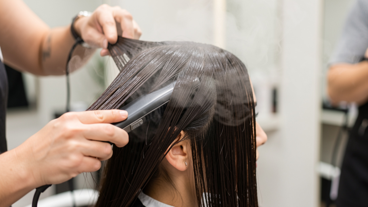 Gros plan d’une femme dont les cheveux sont lissés avec un appareil diffusant une fine vapeur chaude dans un salon de coiffure.